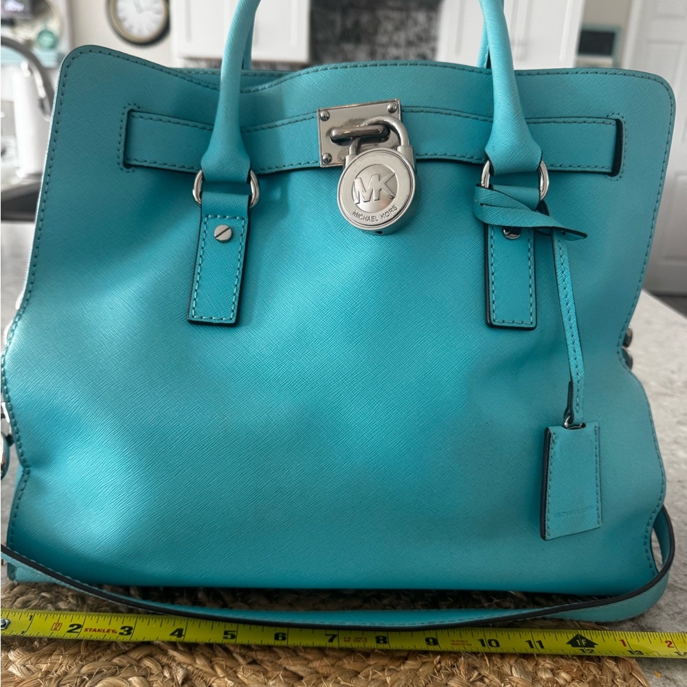 Michael Kors Blue Satchel with Silver Lock and Double Handles